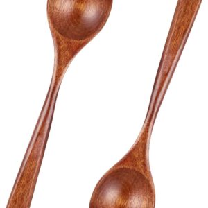 2 Pcs Wooden Spoons for Eating, 7 Inch Wood Soup Spoons Long Handle Wood Teaspoons Woods Table Spoon for Cooking Wooden Serving Spoon for Tea Coffee Honey Desserts Cereal